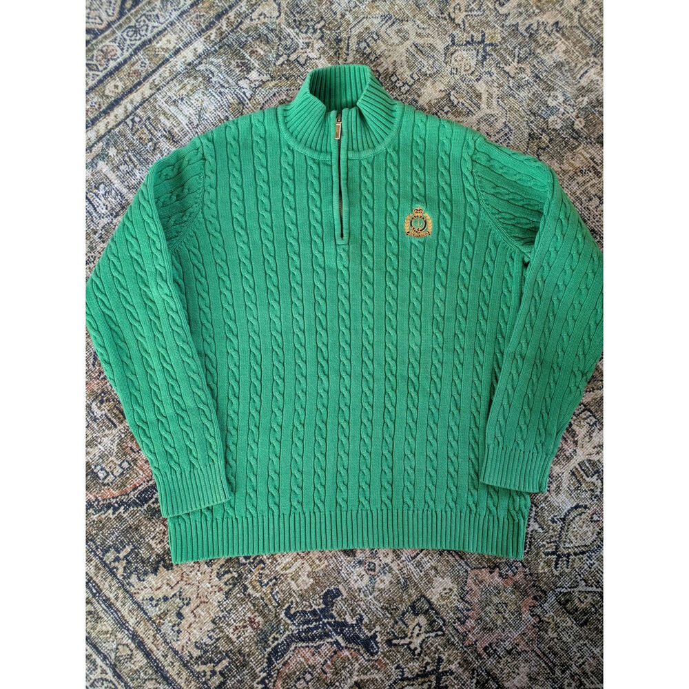 Lauren Ralph Lauren Green Cable- Knit Quarter-Zip Crest Pullover Sweater